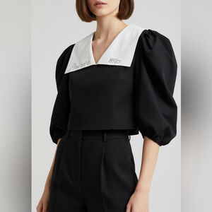 ANOUKI Sz L Embellished Contrast Collar Puff Sleeve Victorian Blouse NWOT